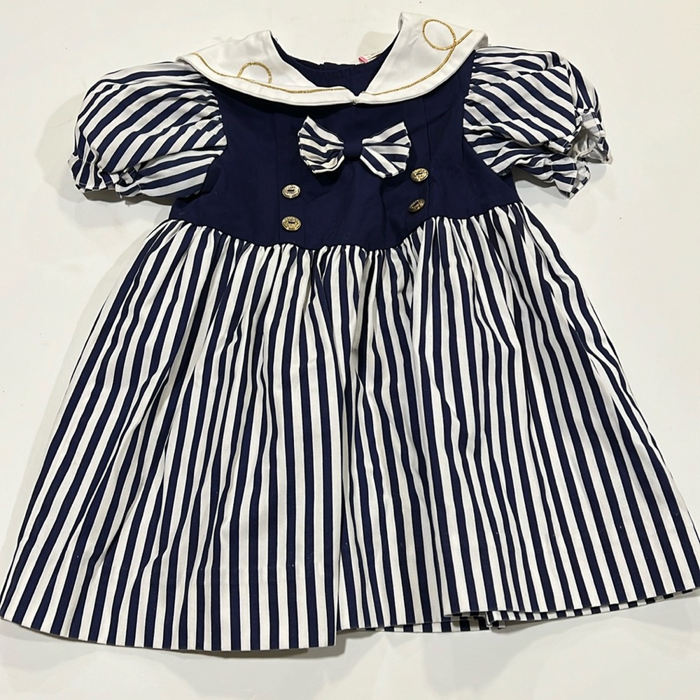 Vintage sailor dress - gold details, navy and‎ white stripes, 4T